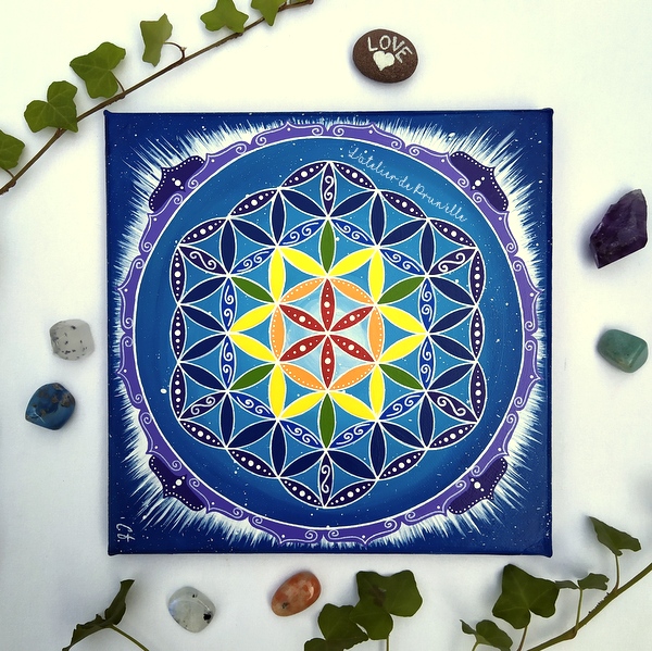 peinture sur toile-fleur de vie- cosmos couleurs chakras
