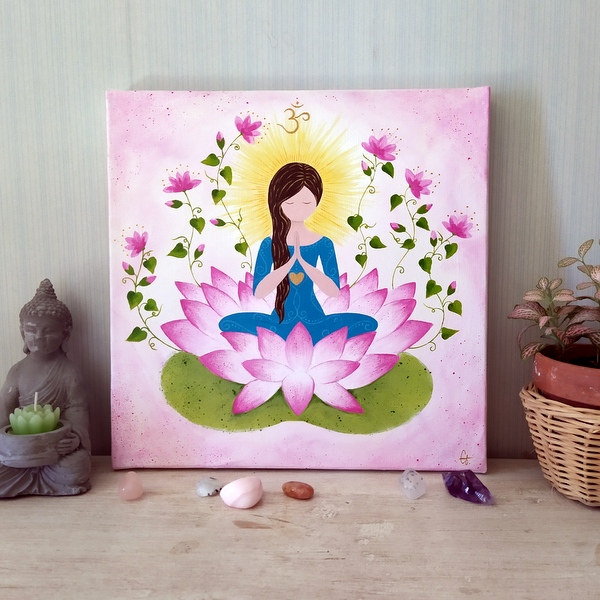 peinture sur toile-femme en méditation et fleur de lotus