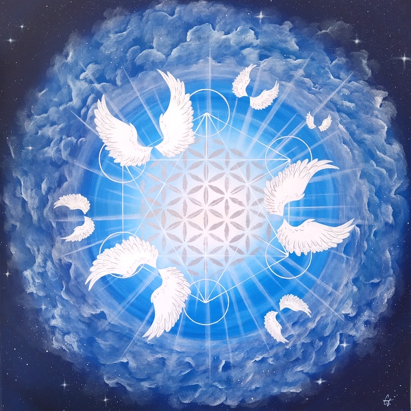 peinture sur toile cosmos-anges et fleur de vie- 40×40