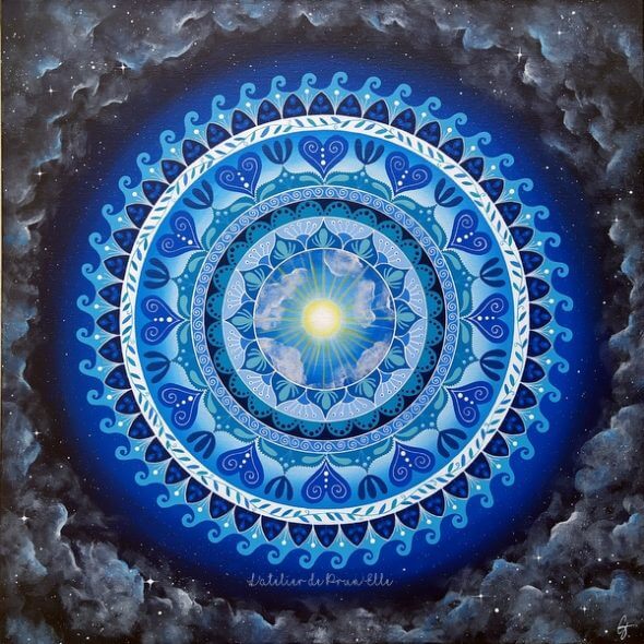 peinture vibratoire mandala bleu agartha-50x50