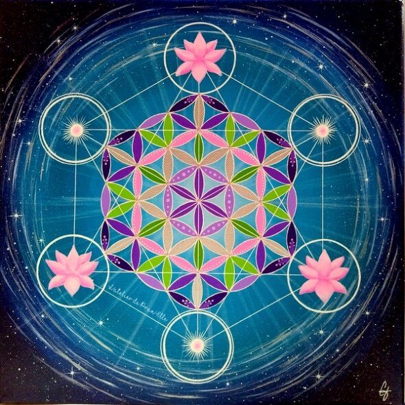 peinture vibratoire cube métatron-fleurs de lotus