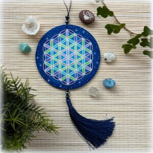 suspension zen rondelles de bois-fleur de vie bleue