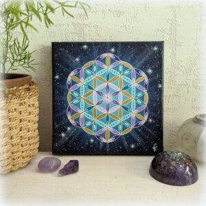 peinture vibratoire fleur de vie mauve turquoise