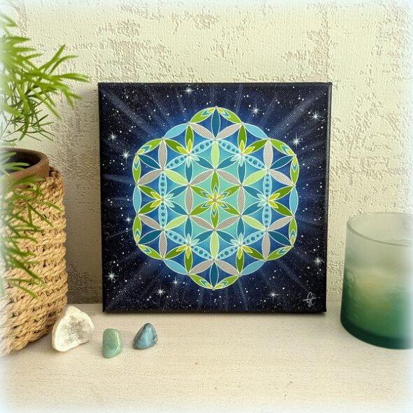 peinture vibratoire fleur de vie vert turquoise