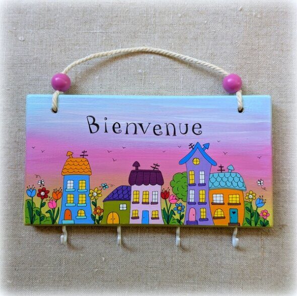 patère 4 clés maisons bienvenue-bois peint