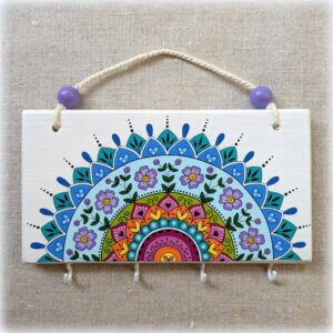 patère 4 clés mandala bleu-bois peint
