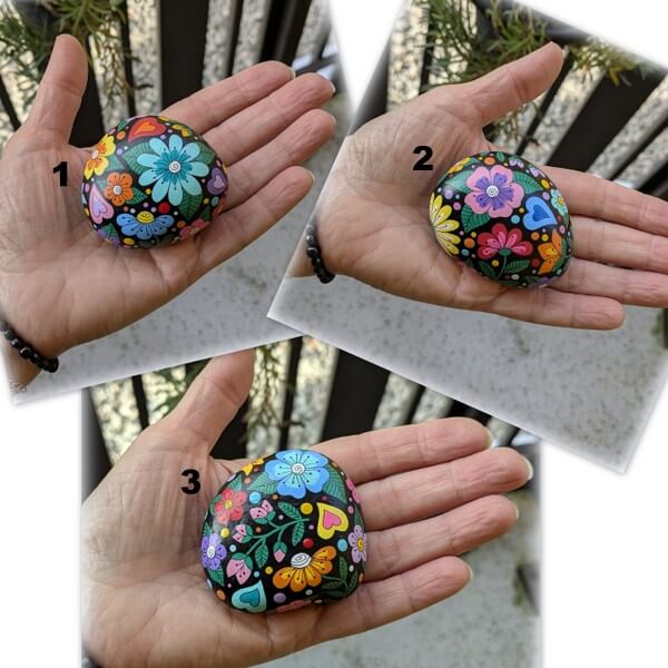 galet peint fleurs fond noir-3