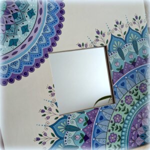 miroir bois peint-mandala turquoise mauve-25x25