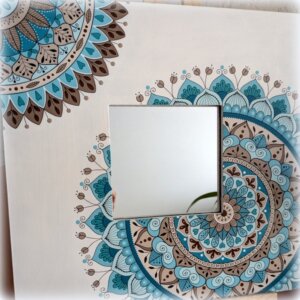 miroir bois peint-mandala turquoise taupe-25x25